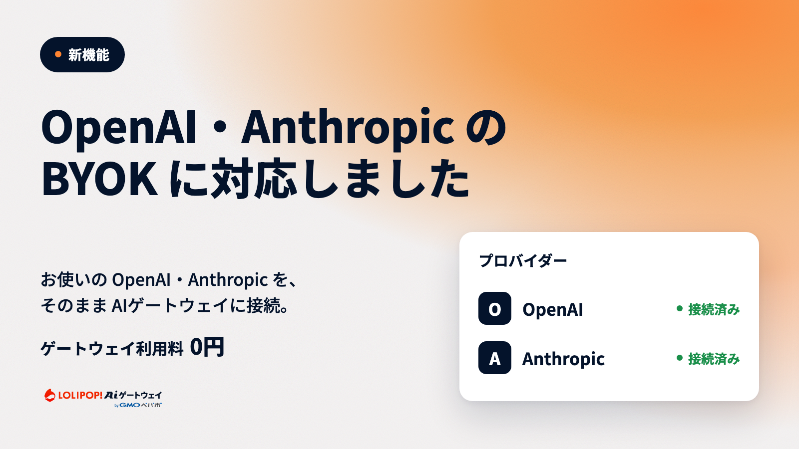 お使いのOpenAI・Anthropicを、そのままロリポップ!AIゲートウェイに接続。