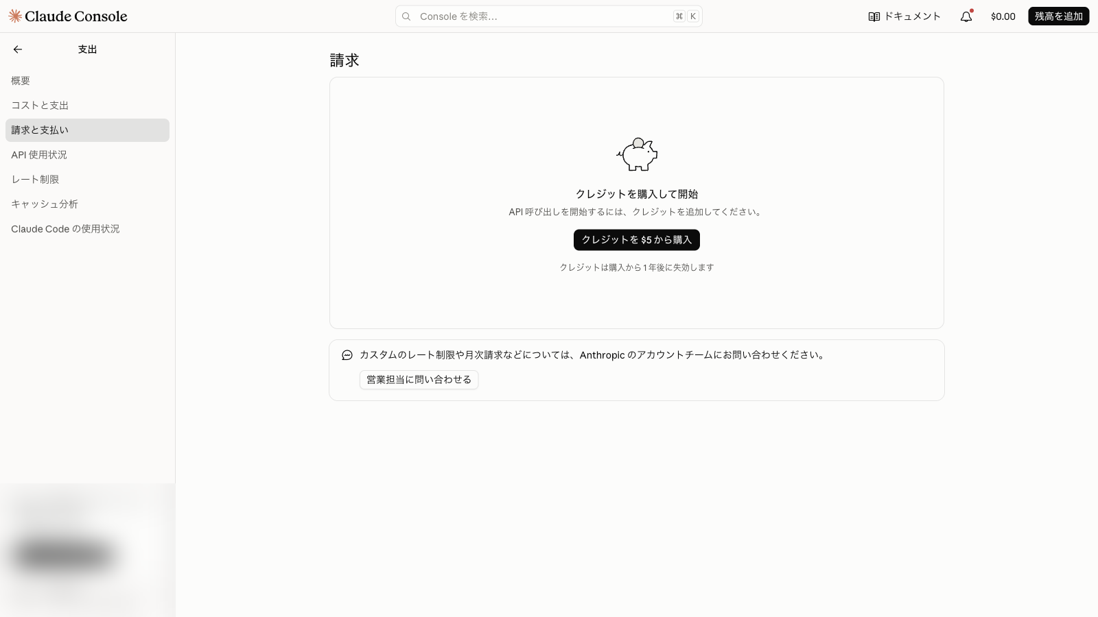 Claude Consoleの請求と支払いの画面