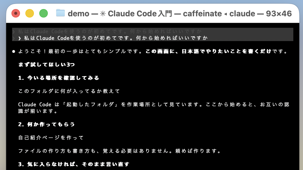 Claude Codeに日本語で使い方を聞いて回答が返ってきた画面