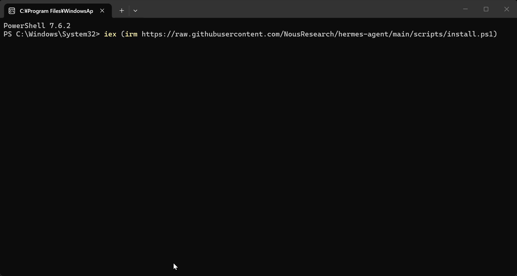 WindowsのPowerShellでインストールスクリプトを実行し、hermesコマンドの準備が完了する様子