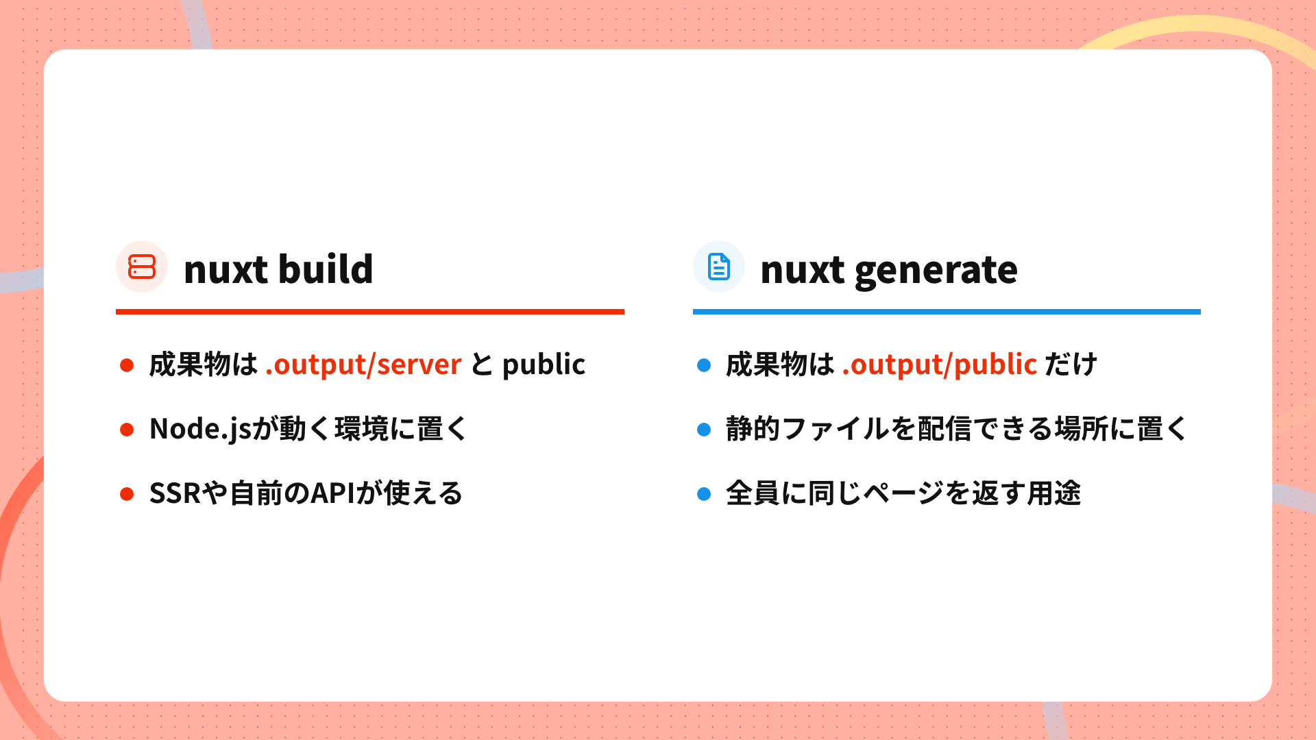 Nuxtのビルド方式2つの違い(nuxt buildとnuxt generateの成果物と置き場所)