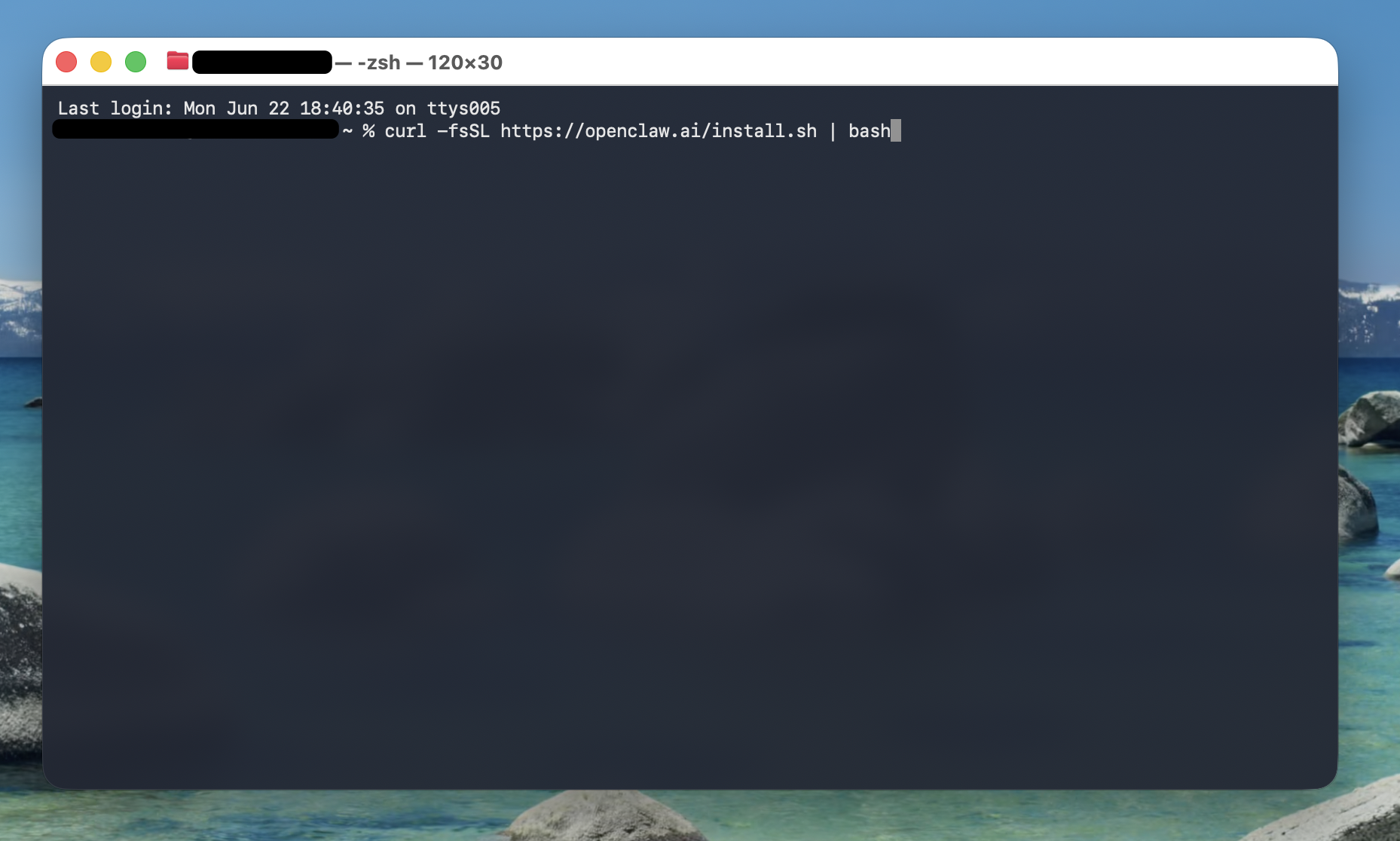 Macのターミナルで公式インストールスクリプトのコマンドを実行する画面