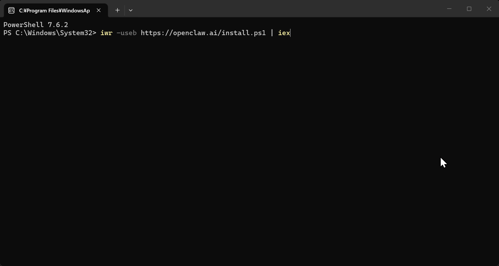 PowerShellでOpenClawのインストールコマンドを実行する画面