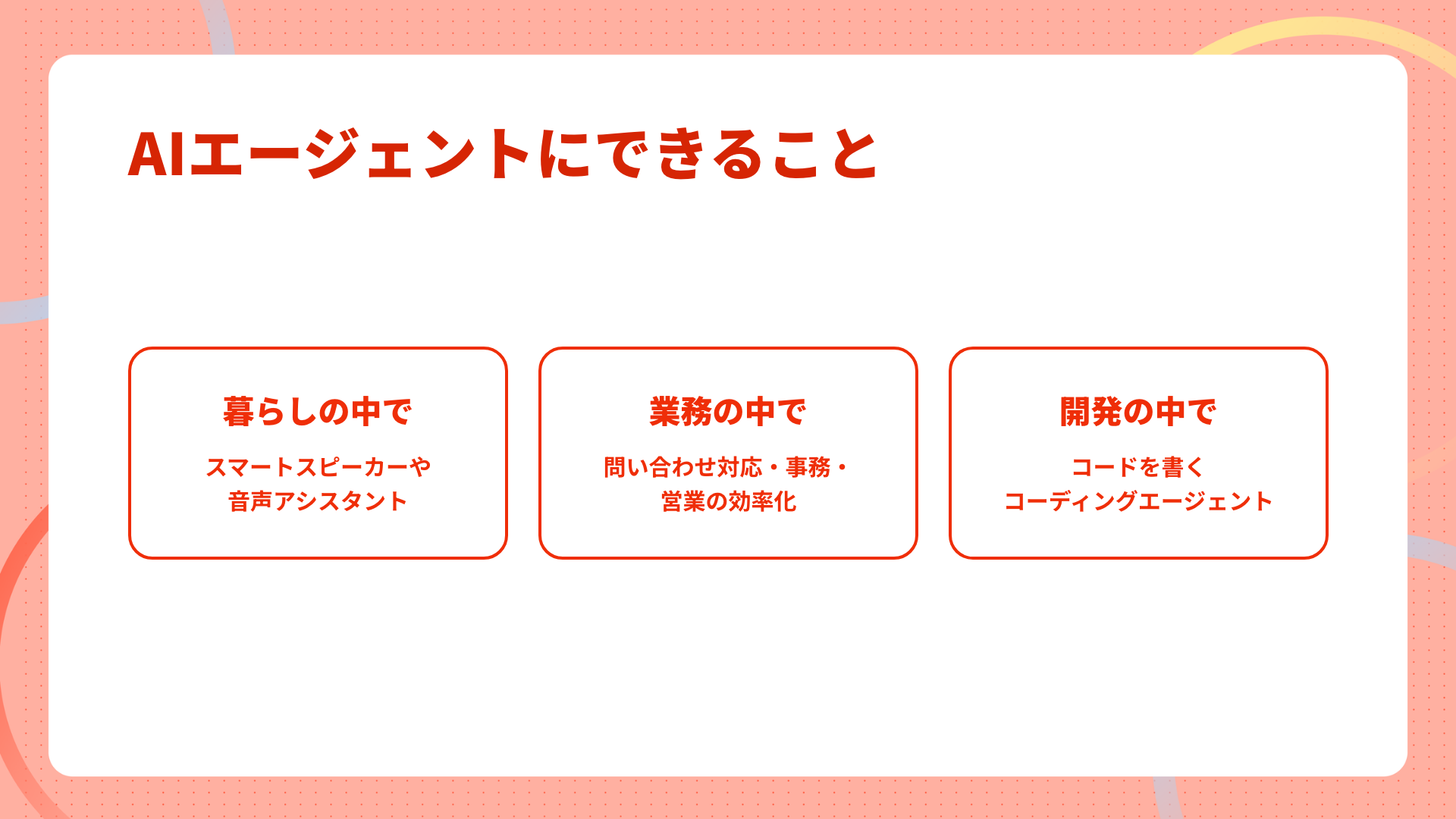 AIエージェントにできること(暮らし・業務・開発)の例の図