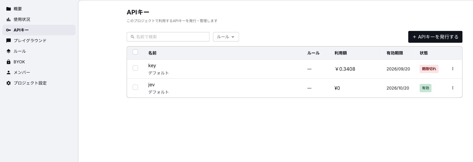 プロジェクト内のAPIキー一覧の画面