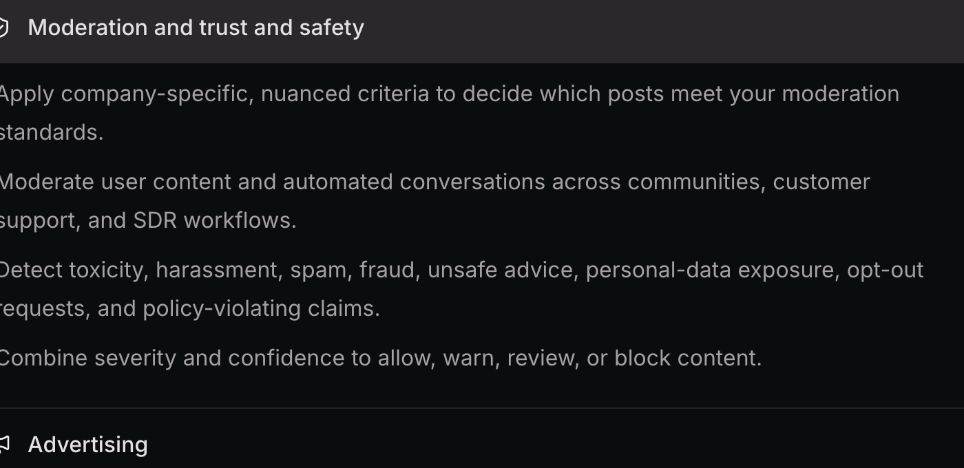 公式ユースケースマップのModeration and trust and safetyの項目。有害性・迷惑行為・詐欺・機密データの露出・規約違反の検出が挙げられている