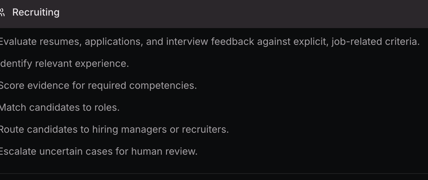 公式ユースケースマップのRecruitingの項目。応募書類や面接フィードバックの評価・経験の洗い出し・候補者の振り分けが挙げられている