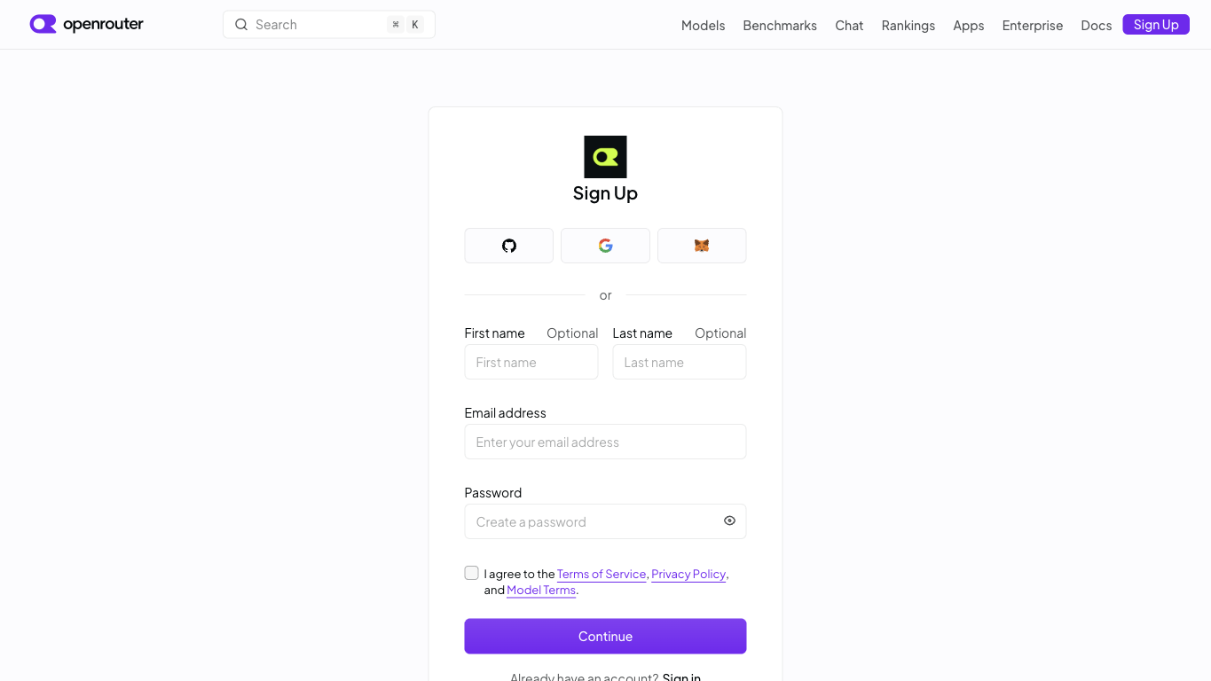 OpenRouterの登録画面。Google、GitHub、MetaMask、メールアドレスで登録できる
