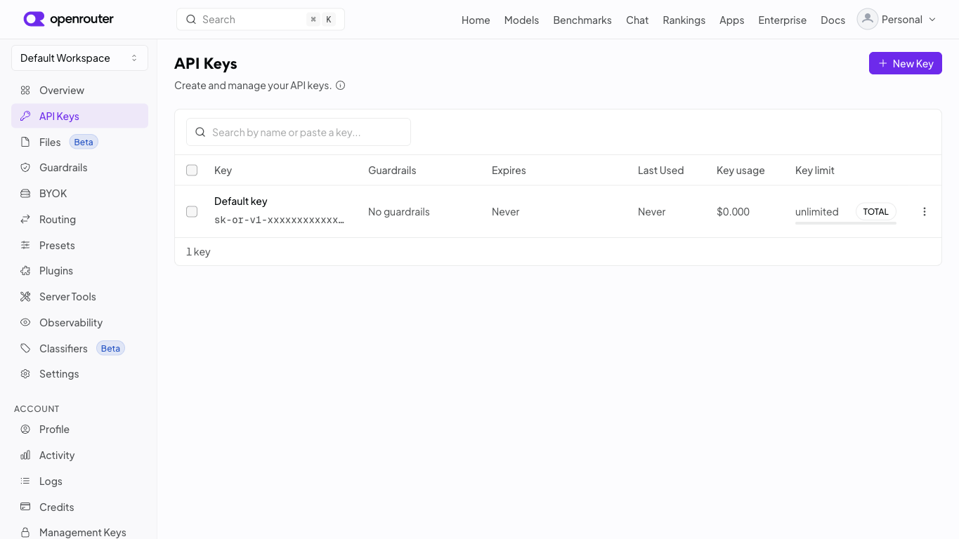 API Keys画面。発行済みキーと利用状況を確認できる