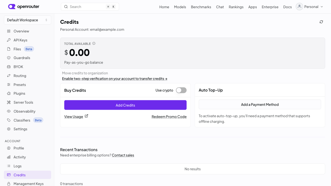 Credits画面。残高やクレジット追加の導線を確認できる