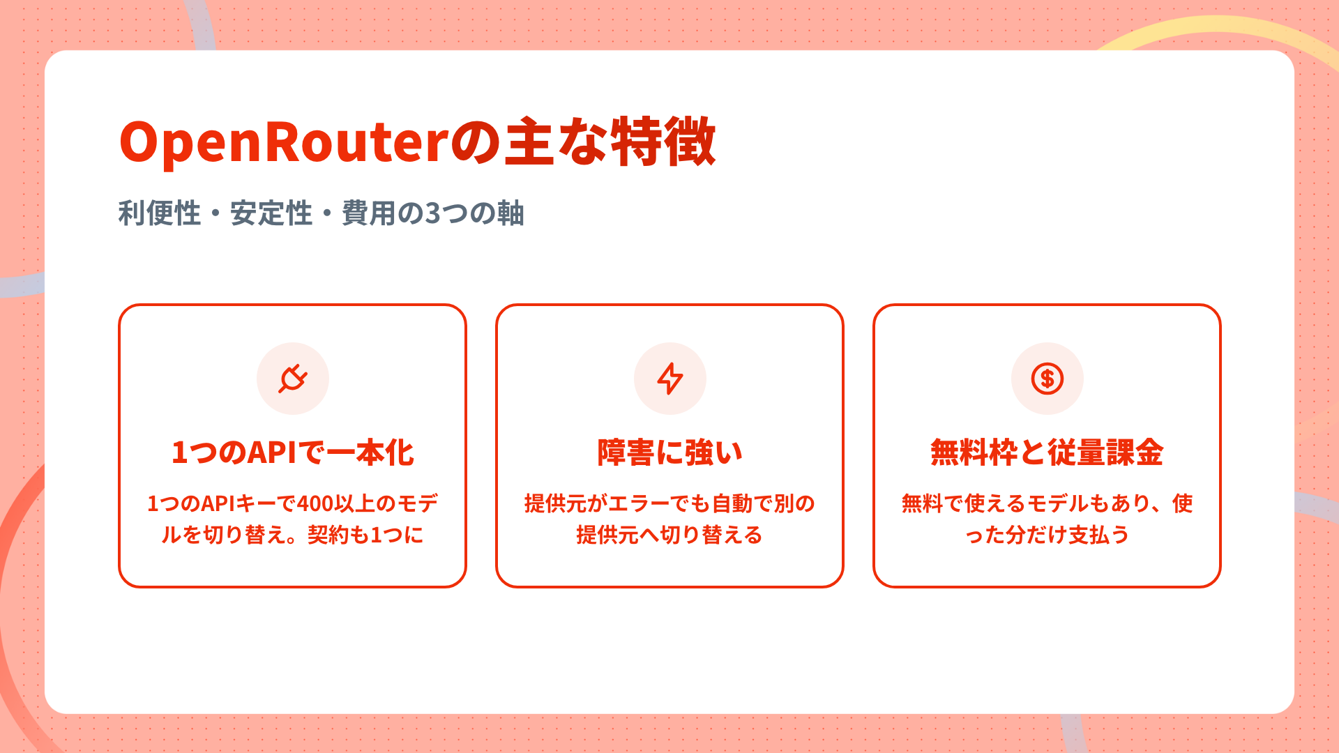 OpenRouterの主な特徴。一本化・障害への強さ・無料枠と従量課金の3つ