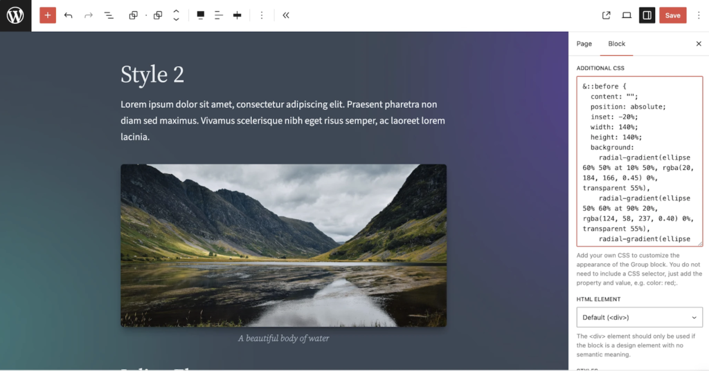 WordPress 7.0の新機能ブロック単位のカスタムCSSの画面