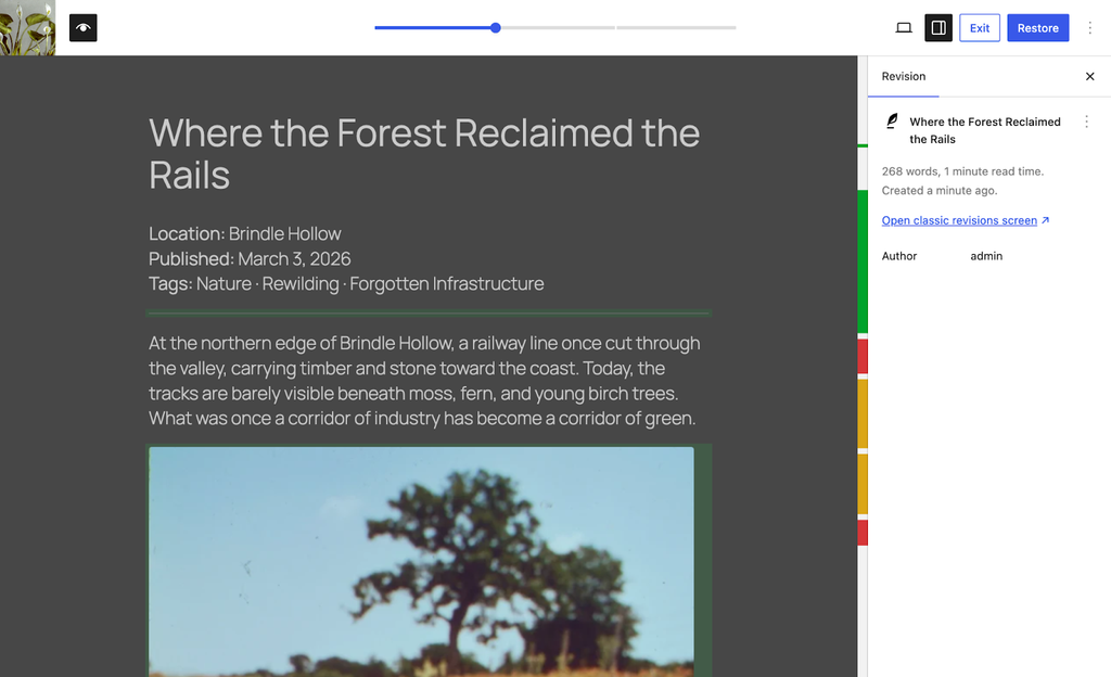 WordPress 7.0の新機能ビジュアルリビジョンの画面