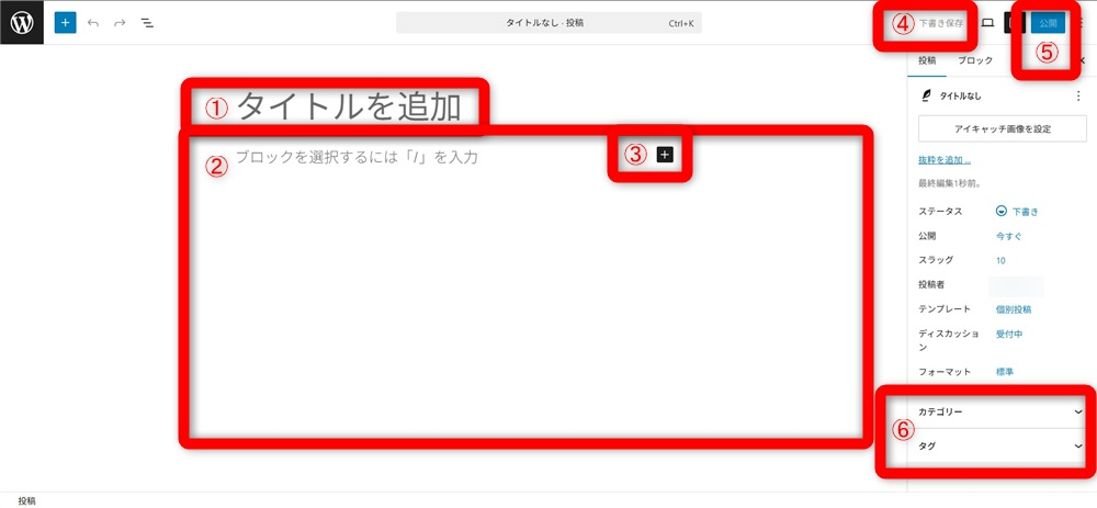 wordpress 記事 書き方　投稿画面レイアウトと各ボタンの役割